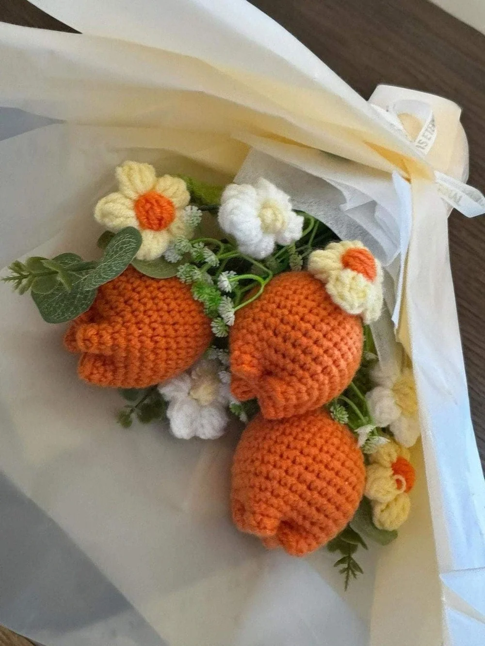 Fake Tulip Bouquet, Cream Tissue Wrapped, Non Wilting Flowers, Crochet Home